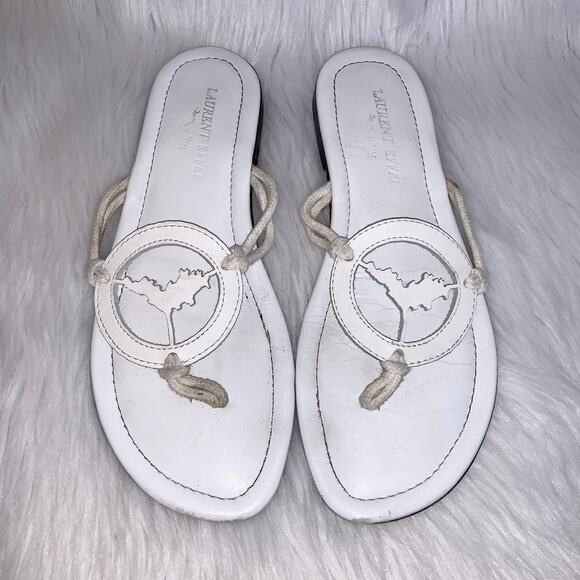 Laurent Effel Leather Logo Thong Sandal Logo Flat Flip Flops, White - Picture 2 of 5